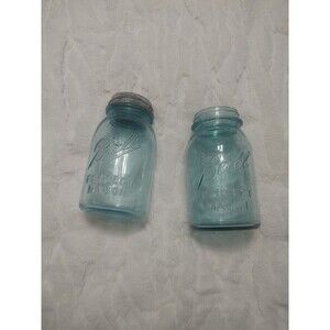 Vintage Blue Glass Ball Mason Jar Extended A Bubbles One Zinc Lid 2 Jars